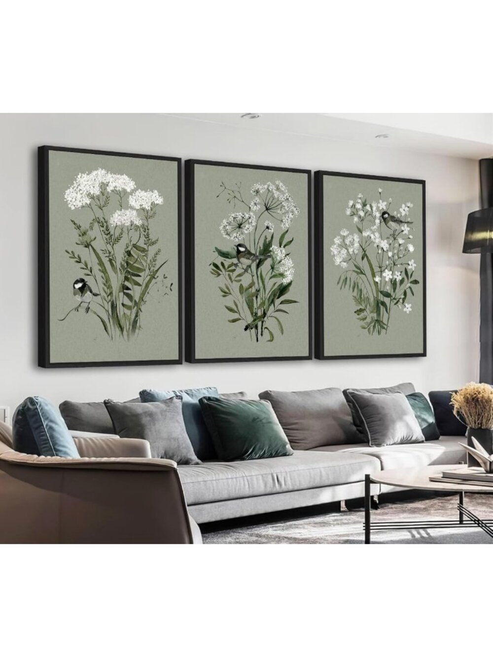 Muted Sage Green Floral Wall Art - White Flower Sparrow Prints, 16"x24" Decor